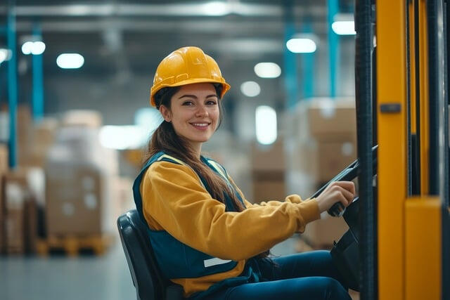 Forklift driver Female forklift driver, wearing a yellow hard hat, smiling at the camera